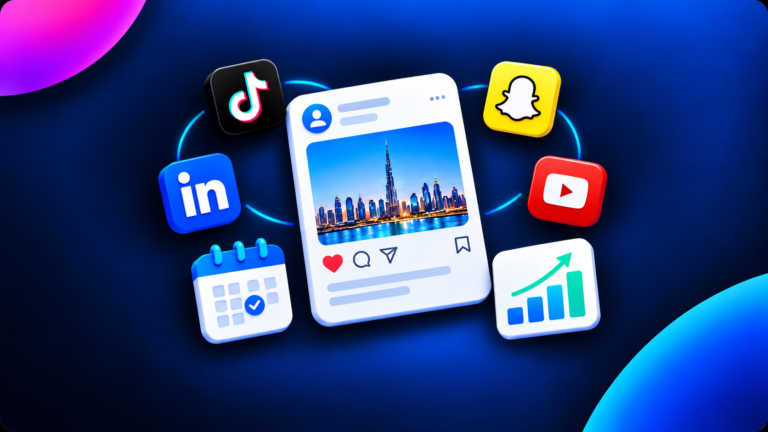 Social media platforms and marketing performance dashboard illustration