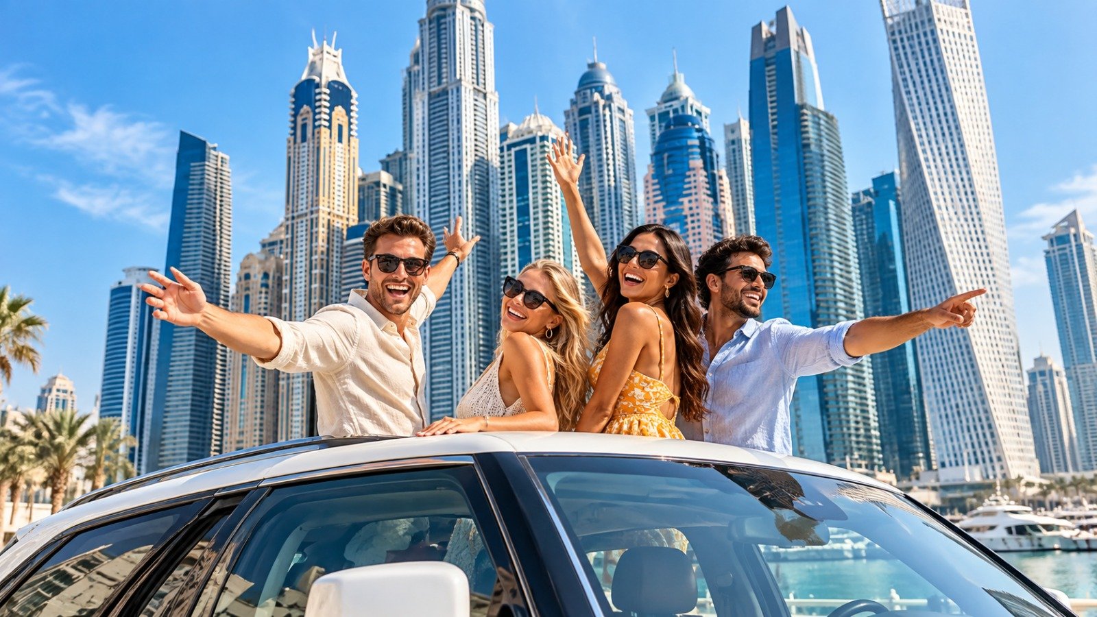 Tourists posing with a car against the Dubai skyline