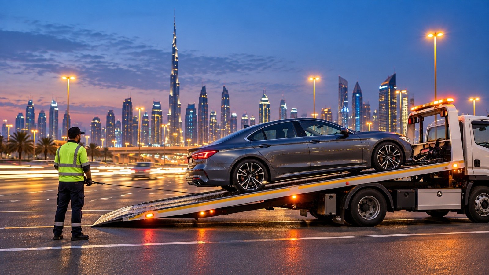 Car recovery tow truck transporting a vehicle in Dubai at dusk