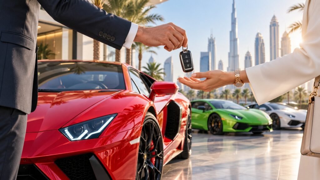 Luxury sports car rental handover with keys beside a red sports car