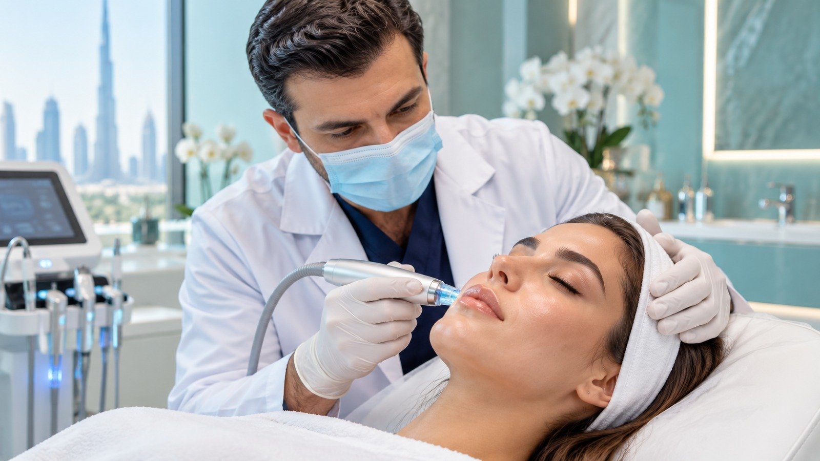 Aesthetic clinic professional performing a cosmetic facial treatment