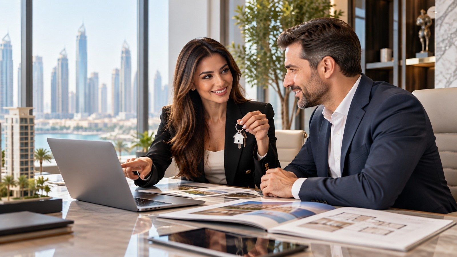 Real estate consultation between an agent and clients in a modern office